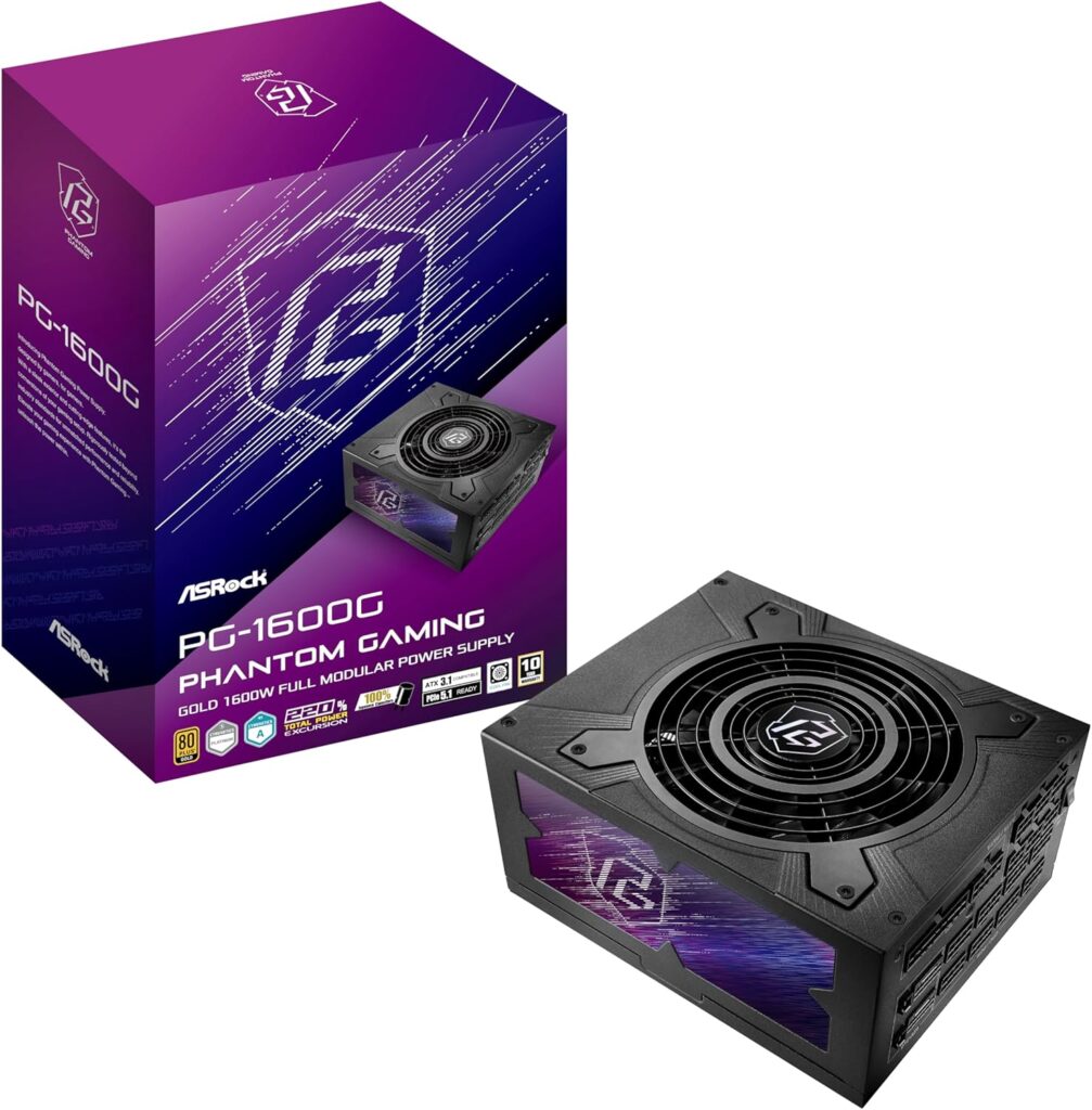 Best Performance PSUs For i9-14900K and RTX 5090 - 2025 29 ASRock PG 1600G ATX 3.1 1600W Power Supply PCle5.1 10 Years Warranty Fully Modular Japanese Capacitor Phantom Gaming PG-1600G 80 Plus Gold Cybenetics Platinum 12V-2x6 Cables
